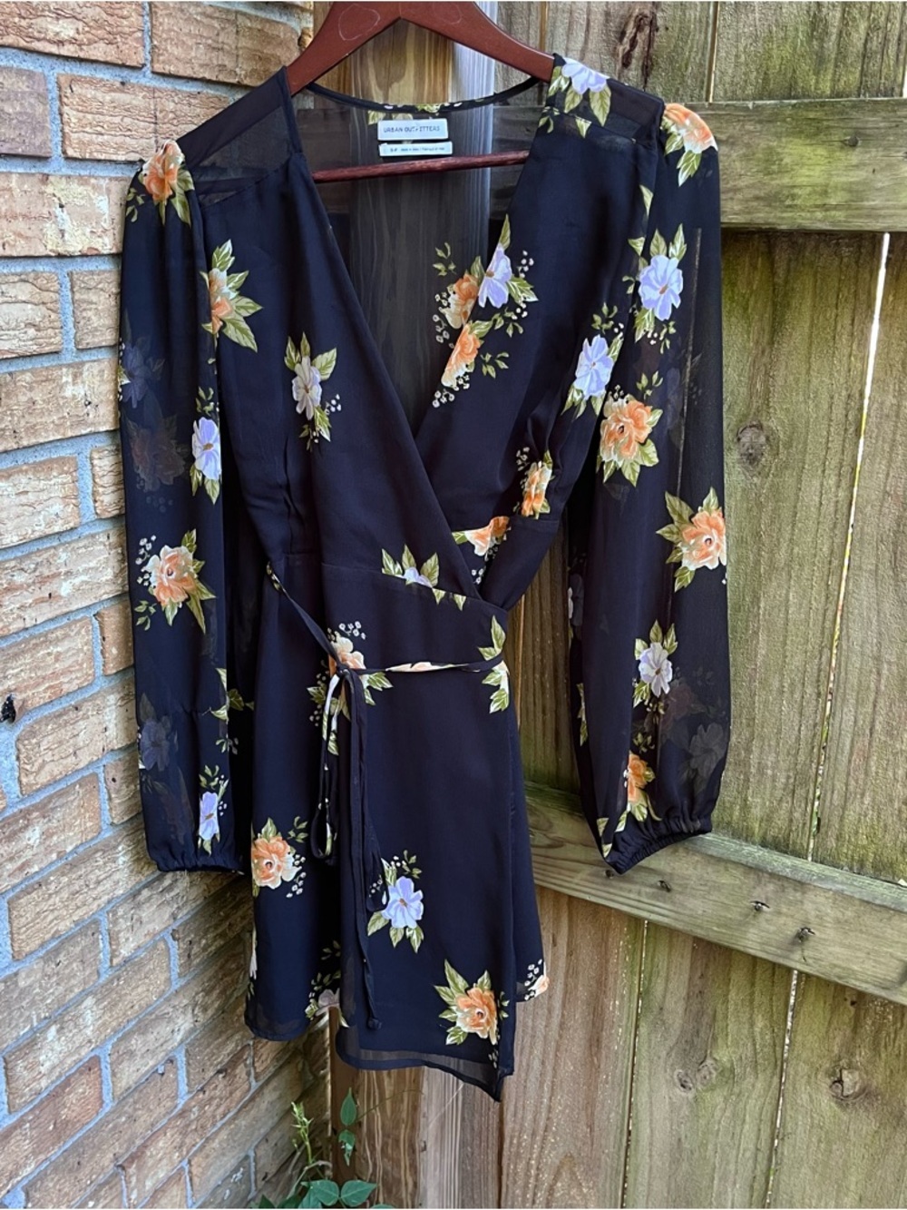 Urban Outfitters Black Wrap Dress with Orange & Lavender Floral Accents